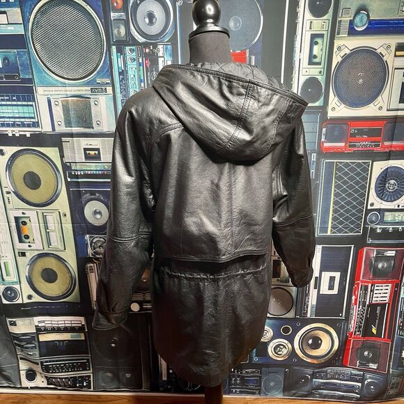 BLUELINE & COMPANY Vintage Black Leather Short Trench Jacket Hooded Women Small - Picture 5 of 16